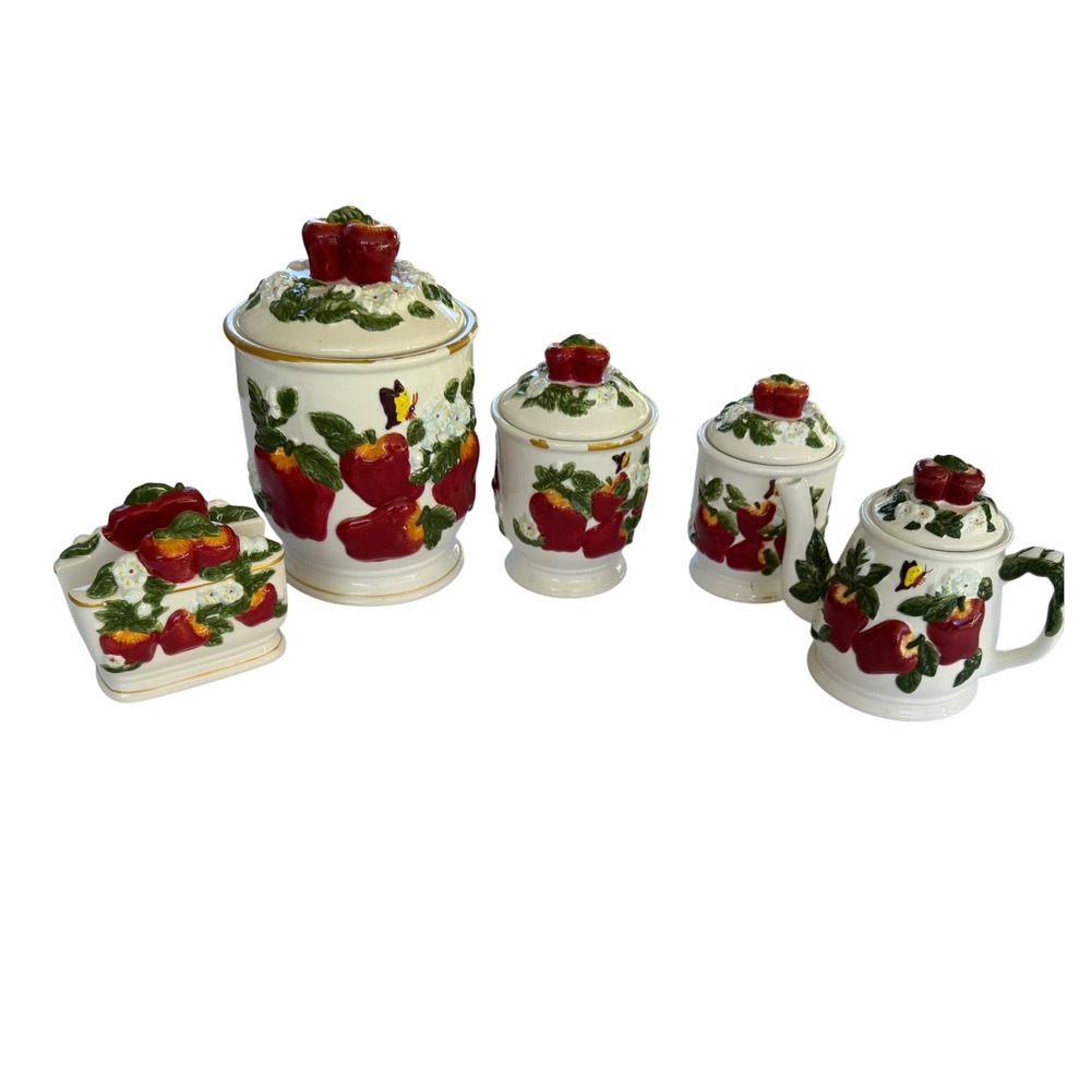 Vtg KMC Ceramic Apple Canister Set 5 Pc 3D Embossed Kitchen Decor Farmhouse 90s